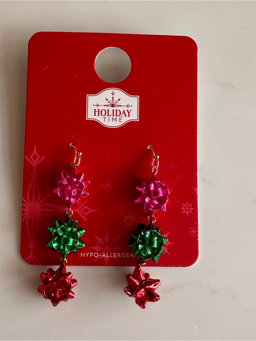 Holiday Time Pink, Green & Red Mini Christmas Gift Bow Drop Earrings for Kids